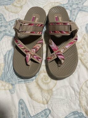 Skechers Taupe Slide Sandals with Pink Patterned Straps